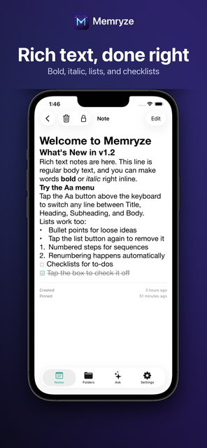 Memryze note editor screen